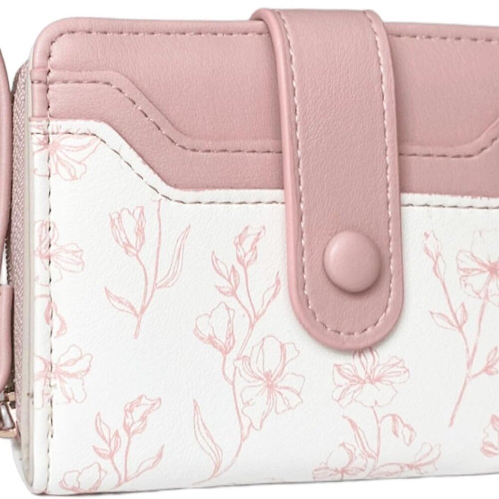 Leather Floral Wallet Compact pink bifold with coin pocket for women